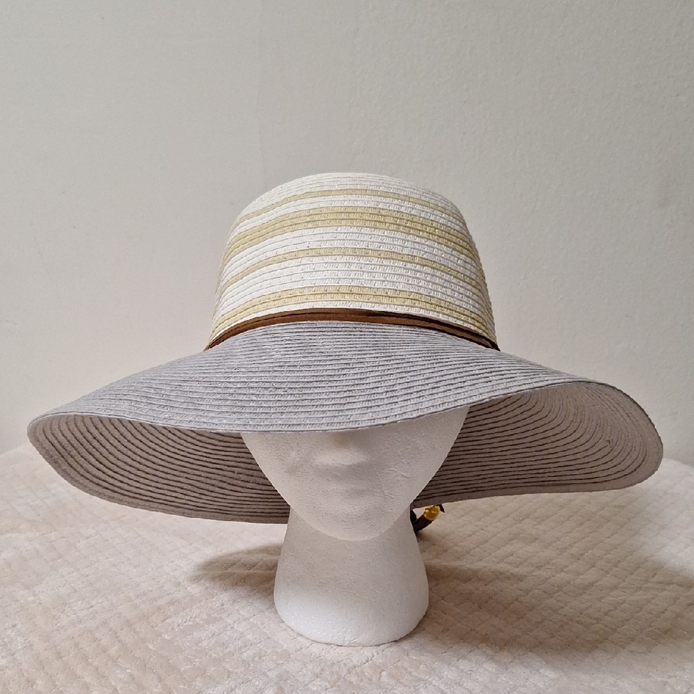 Elegant Striped Sun Hat - White , Tan and Grey